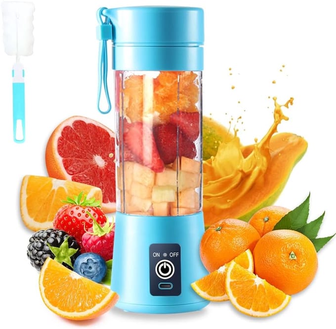 Draagbare Blender - Mini Mixer - Verse Smoothies Maken - 6 RVS Messen - 380 ml - Blauw
