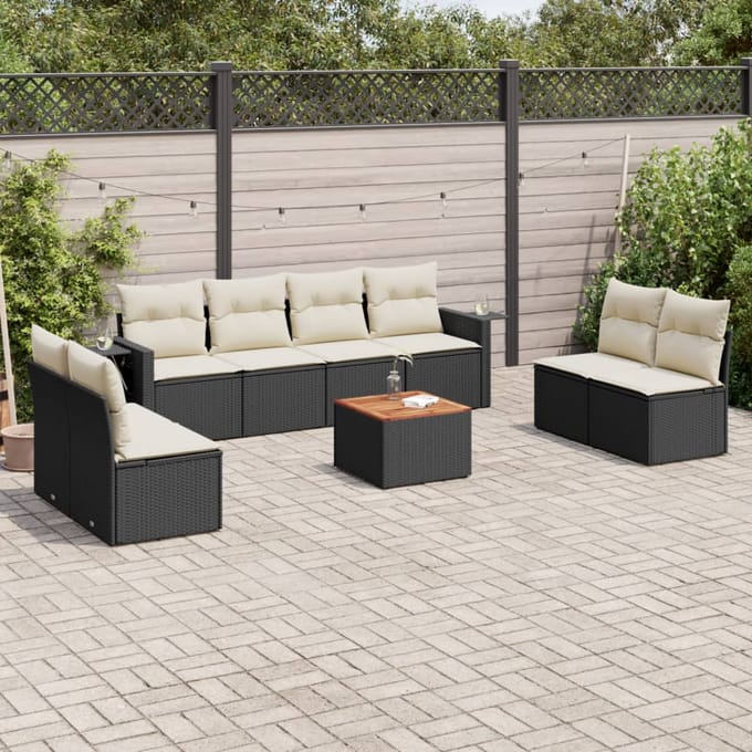 vidaXL - 9-delige - Loungeset - met - kussens - poly - rattan - zwart