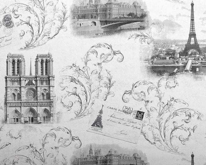 Romantisch behang EDEM 9050-10 vliesbehang Parijs Eiffeltoren Notre Dame gestempeld shabby chic glanzend wit grijs 10,65 m2
