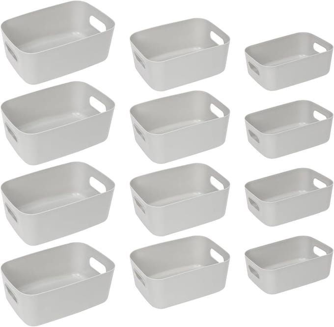 Grijze opbergdozen set van 12 stuks voor efficiënt organiseren, opslag en ruimtebesparing