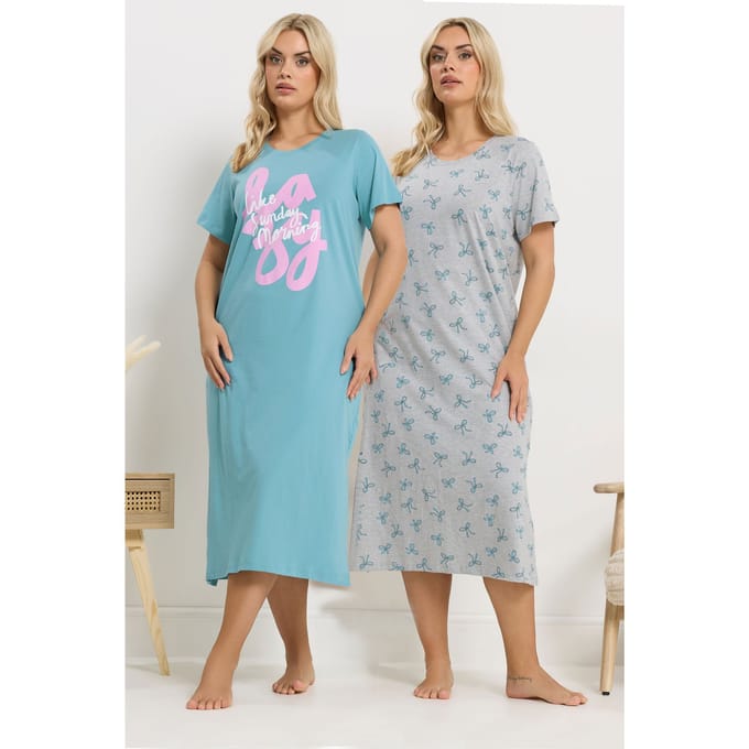 Yours Set Van 2 Blauwe Midaxinachthemden 'Lazy Like Sunday Morning' Size 62-64