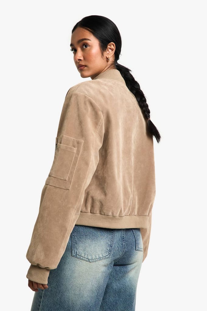 boohoo Dames Suede Look Shoulder Pad Bomber Jacket | Stone | Maat: 8