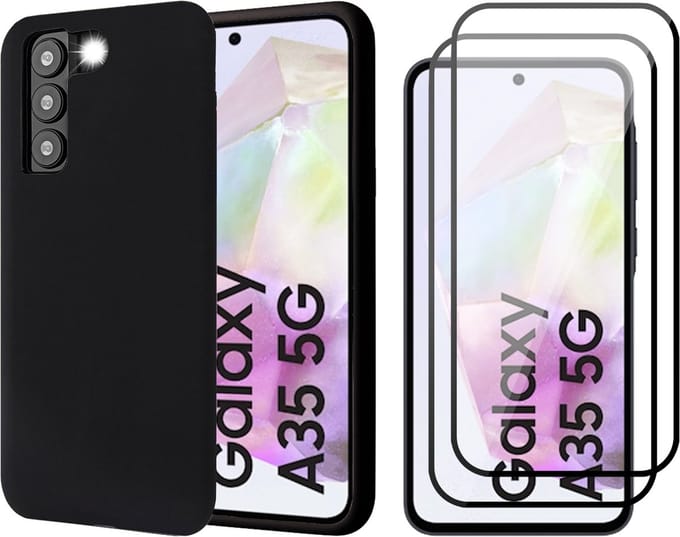 Hoesje geschikt voor Samsung Galaxy A35 - 2x Screenprotector Volledig Dekkend Glas - Mat Back Case Zwart