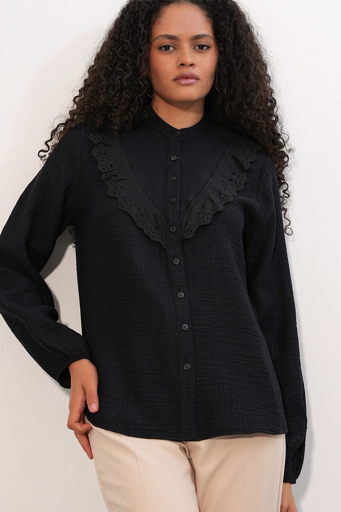 Langgeweven Shirt met Mandarin Kraag