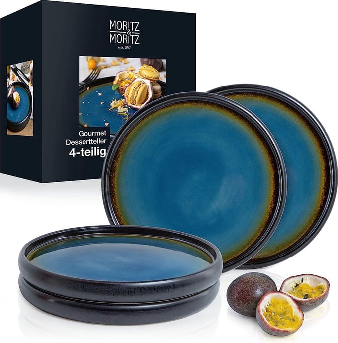 Moritz & Moritz SOLID Bordenset 4 Persoons - 4-delig Dessertborden Set - 21 cm Borden - Keramiek - Blauw/Bruin