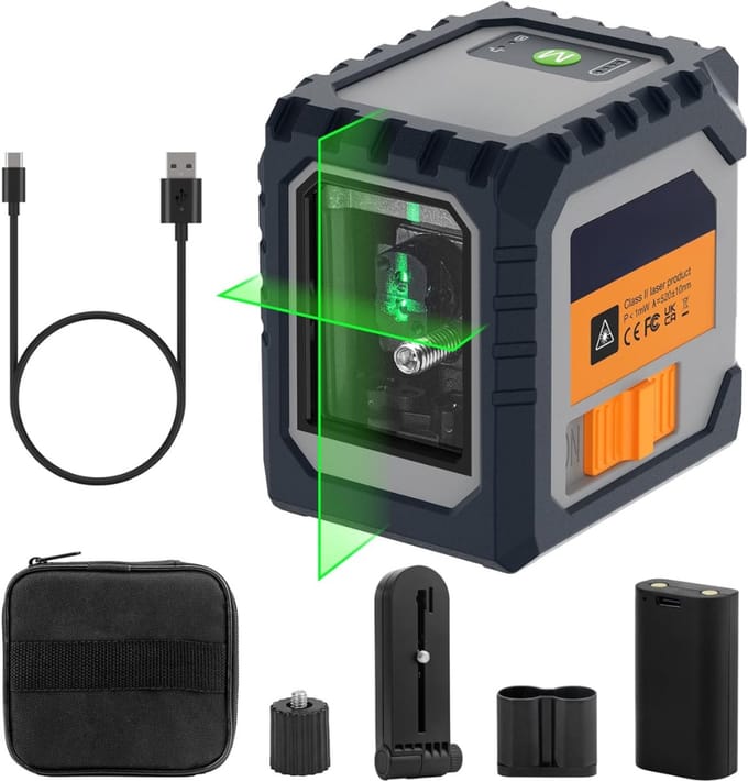 SNJY® Kruislijnlaser - Afstandsmeter - Lasermeter - 360° Draaibaar - 30 Meter - Oplaadbaar - Grijs