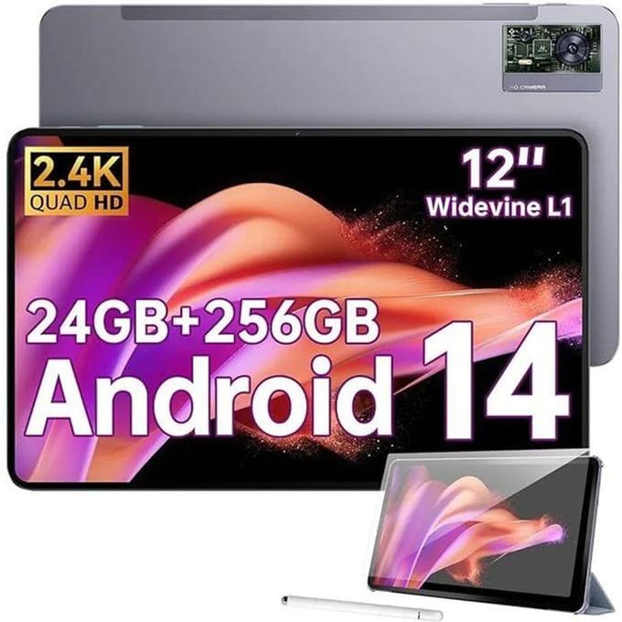 Touchscreen Tablet OUKITEL OT5S Scherm 12  2.4K 24GB+ 256GB/2TB 8250mAh/18W 16MP+8MP Android 14 Tablet Dubbele 4G/GPS/Face ID Grijs