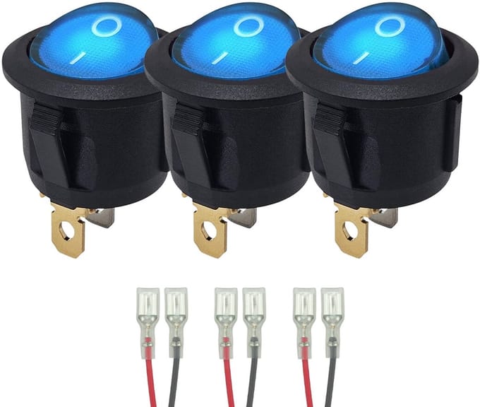 ProRide Wipschakelaar ON-OFF KCD2-220 - met Aansluitkabels - Rond - 3 pins - 250V/6A - Blauw - 3 stuks