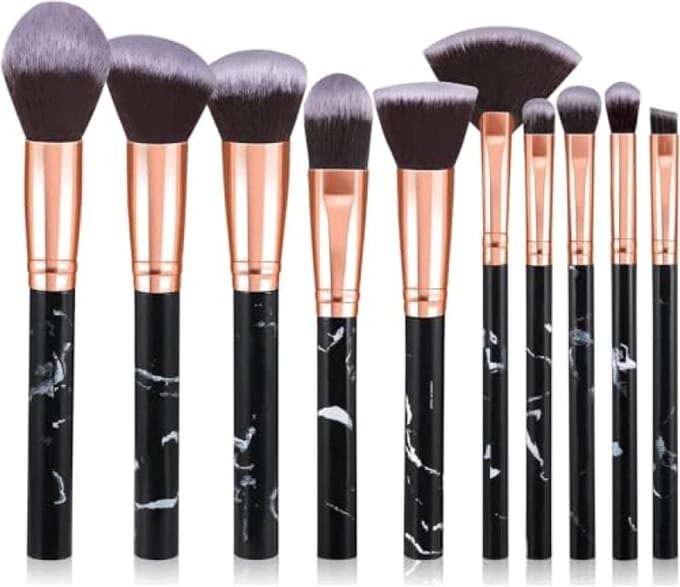 Complete Make-up Borstel Set van 10 Stuks - Marmer Design voor Professionele Aanbrenging