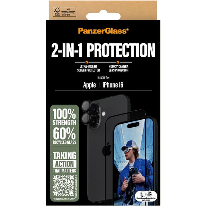 PanzerGlass 2 in 1 pack - Ultra-Wide Fit Anti-Bacterial Screenprotector incl. applicator + Camera Protector geschikt voor Apple iPhone 16