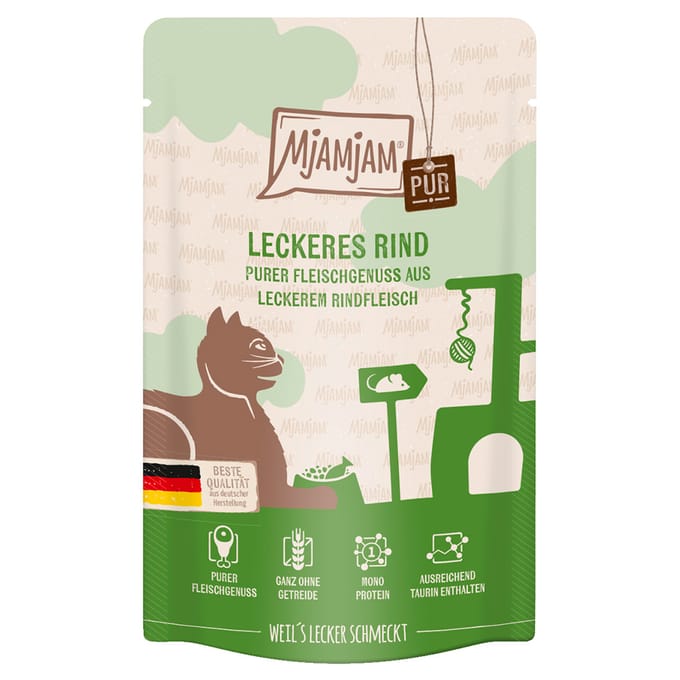 Economy Pack 24x125g MjAMjAM Quetschie Pure Meat Delight Delicious Pure Beef kattenvoer nat