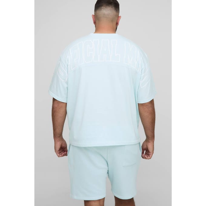 Plus Official Men's Contrast Stitch Oversized Boxy T-Shirt en Relaxed Jersey Short Set | Light Blue | Size 2XL