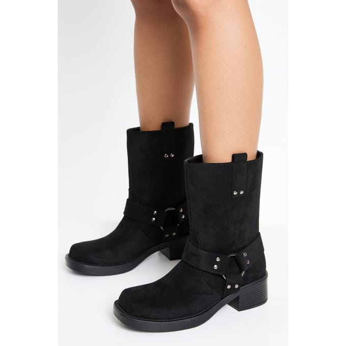 boohoo Dames Faux Suede Harness Detail Biker Boots | Black | Maat: 3