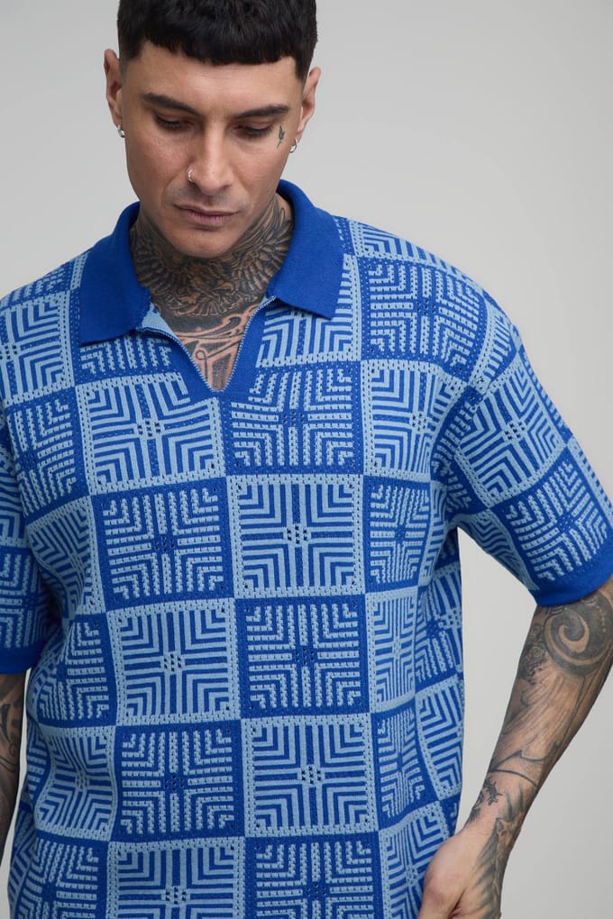 Tall Oversized Boxy Crochet Tapestry Knitted Polo T-Shirt | Blue | Size Small