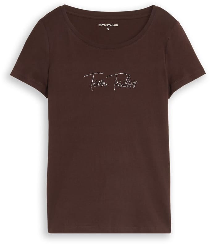 Tom Tailor - T-shirt met glitterlogo - Maat XS - java dark brown