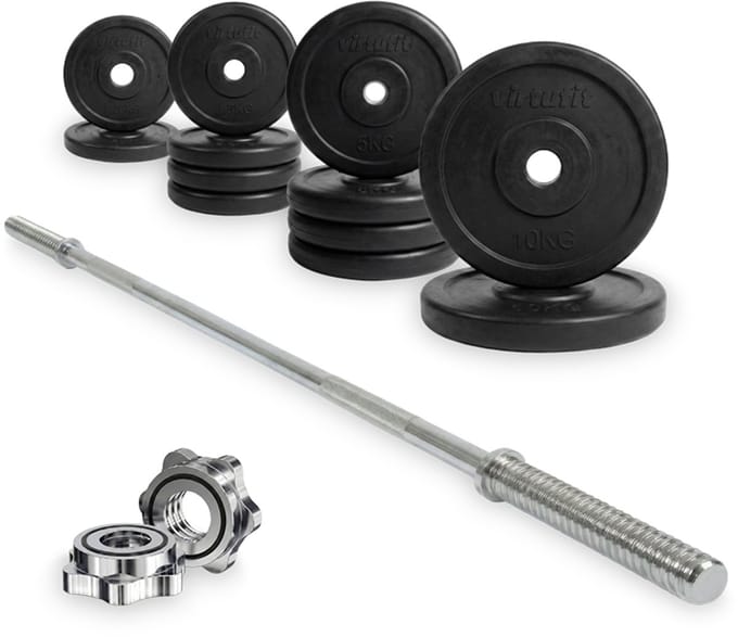 VirtuFit Rubberen Halterset - 60 kg - Volledige set - Incl. Halterstang, Halterschijven en Veerclipsluitingen