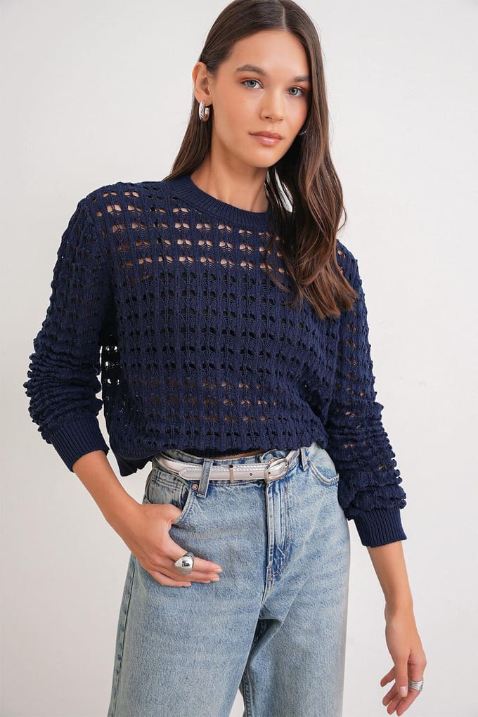 Gelaagd Gebreid Relaxed Crop Sweater met Ronde Hals