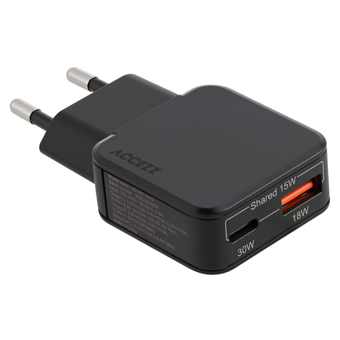 Accezz Ultra Slim GaN Oplader - USB-C + USB-A - 30W - Zwart