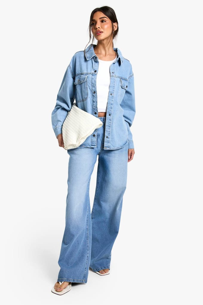 boohoo Dames Denim Oversized Shirt | Light Wash | Maat: 14