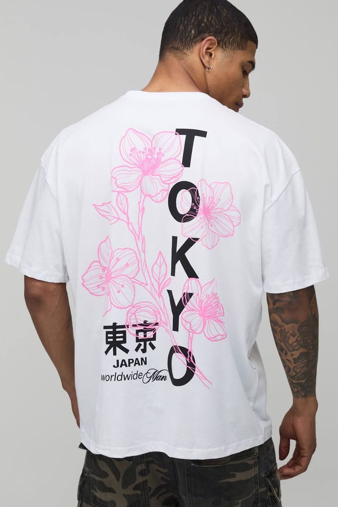 Wit Oversized Tokyo Bloemenprint T-Shirt | White | Size XS
