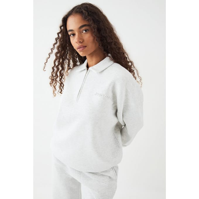 Dames DSGN Studio Geembosseerde Sweater met Kraag en Halve Rits | Ash Grey | Maat: 2XL