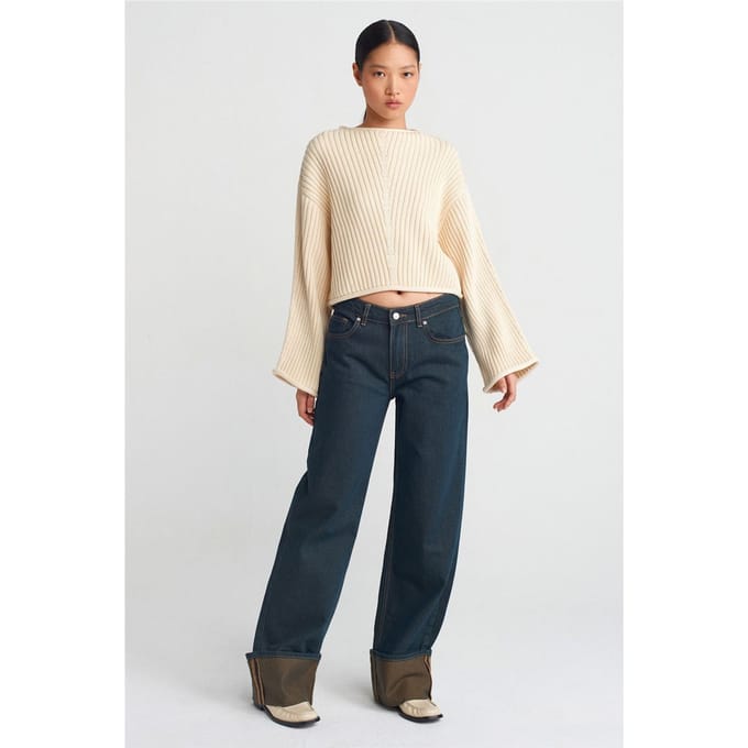 Midden taille brede pijpen katoen denim jeans