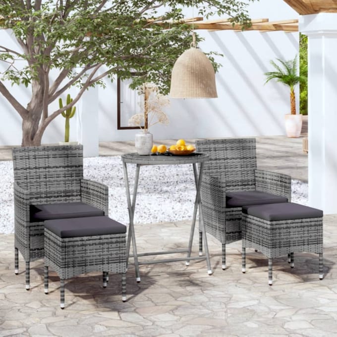 vidaXL - 5-delige - Bistroset - poly - rattan - en - gehard - glas - grijs