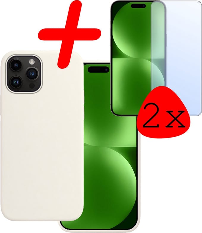 Hoesje Met 2x Screenprotector - Geschikt voor Apple iPhone 15 Pro Max - Sterk & Shockproof - Back Cover - Siliconen Case - Telefoon Hoes - Wit