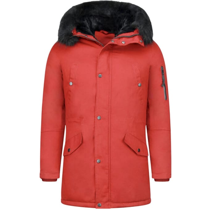 Lange Heren Winterjas - Met Faux Bontkraag - Rood
