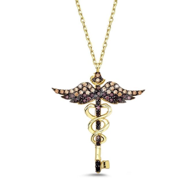 18K Goud Engel en Vleugels Sleutel Hanger Ketting