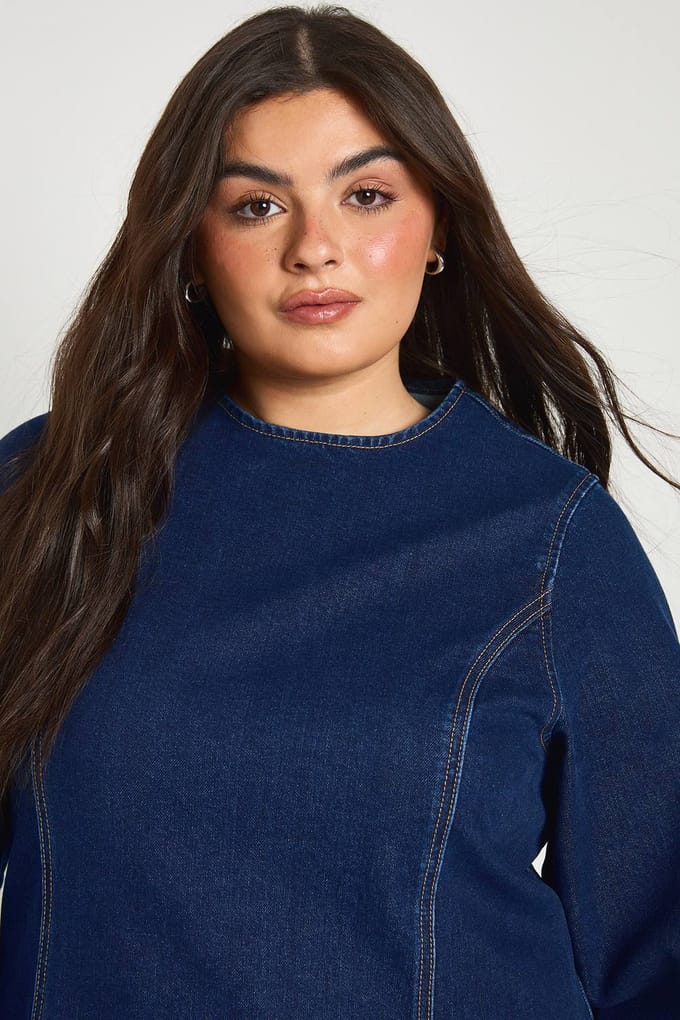 boohoo Dames Plus Denim Shift Jurk | Donker Indigo | Maat: 44