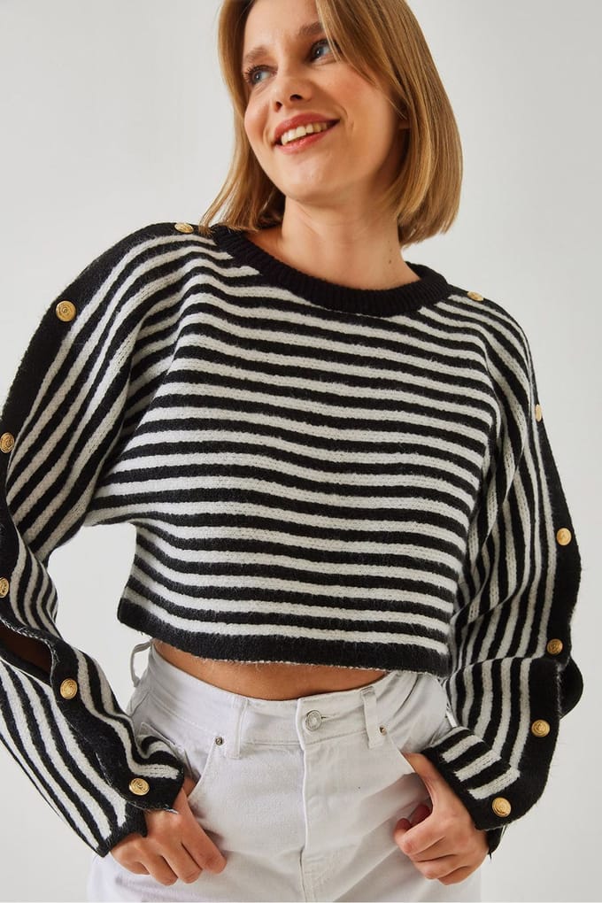 Gestreepte Cropped Trui met Knopdetail