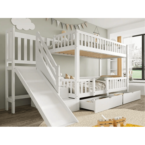 ModernLuxe Stapelbed in hout en MDF - 90x200 cm - met glijbaan en trap - Wit (zonder matras)