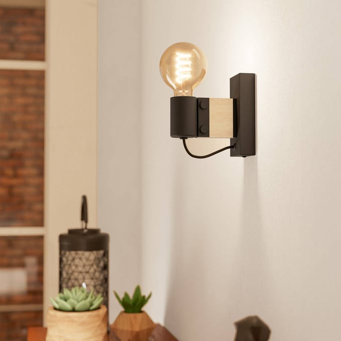 EGLO Bailrigg Wandlamp - E27 - 13,5 cm - Zwart/Bruin - Hout/Staal
