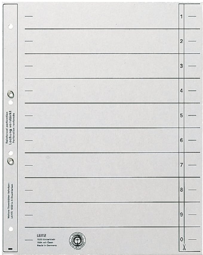 LEITZ scheidingsbladen, A4 overbreed, kraftkarton 200g/m2, grijs