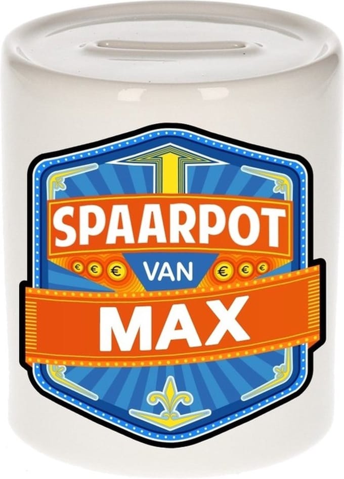 Bellatio Decorations Kinder spaarpot met naam - Max - keramiek - met dop - wit - Sparen - Spaargeld van Max