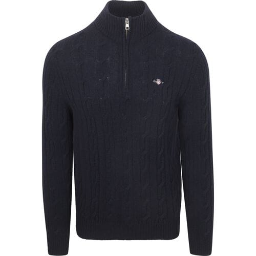 Gant Halfzip Lamswol Trui Cable Navy - Maat XXL - Heren - Quarter zip