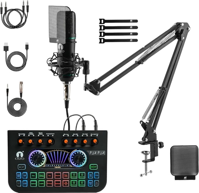 Condensator Microfoon Set - Opname Microfoon - Podcasting Streaming - Inclusief Geluidskaart - 17 x 11.5 x 3 cm - zwart