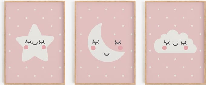 Babykamer/kinderkamer posters - 3 Posters - Roze - 30x40 cm - Wolk, ster, maan