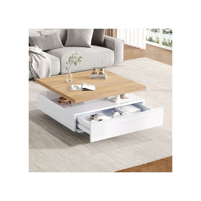 Table basse - MUVOE - Carrée - 360° pivotante - Noyer et blanc brillant - Espace de rangement caché blanc