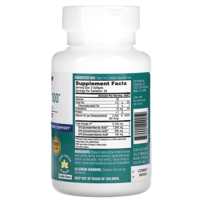 Professioneel, Omega 3 2100, met Vitamine D, Hoge Potentie, Vanille, 60 Softgels