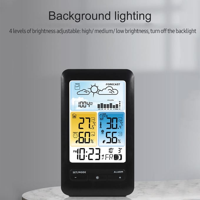 LCD Weerstation Wekker met Snooze Digitale Binnen Buiten Temperatuur Vochtigheidsmonitor zwart