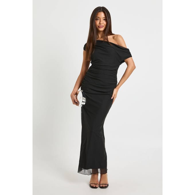 boohoo Dames Off-shoulder mesh maxi jurk | Zwart | Maat: 36