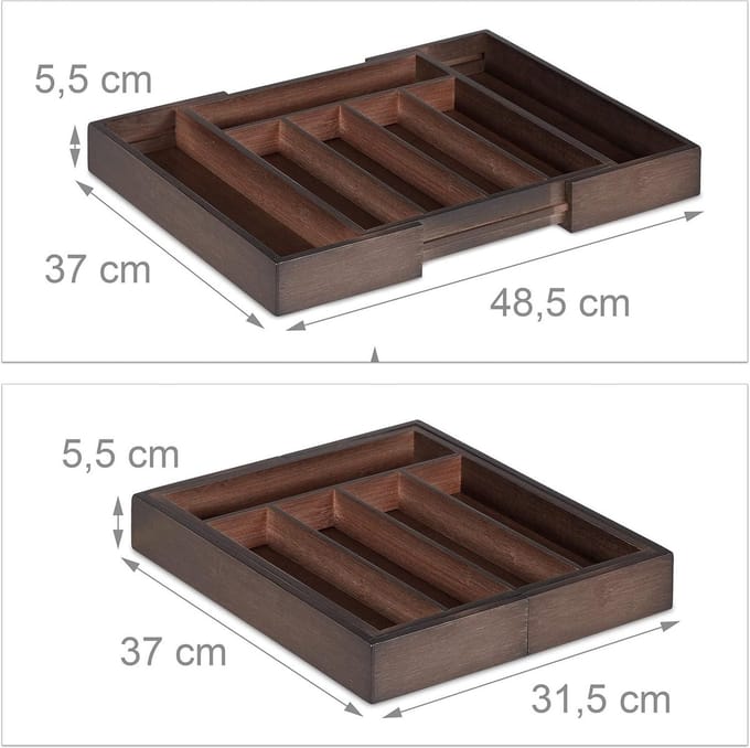 Uitschuifbare bestekbak met 5-7 vakken - bamboe bestekcassette - 55 x 485 x 37 cm - donkerbruin