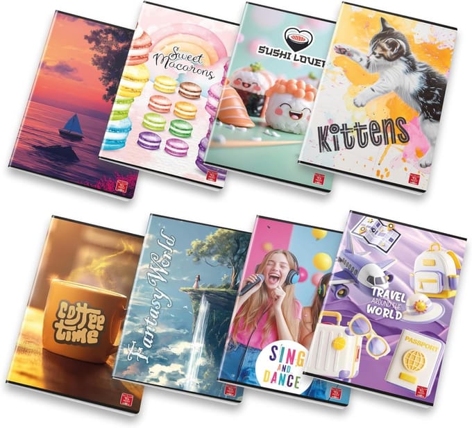 Set van 10 geruite schriften met rand, A5 formaat, 80 vel