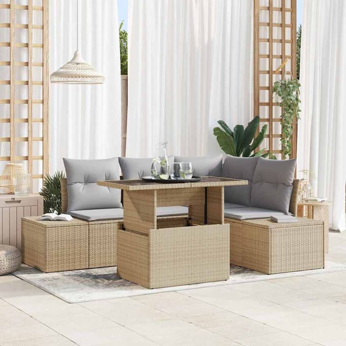 vidaXL - Tuinbank - Set - 5 - st - Beige - en - Lichtgrijs - poly - rattan