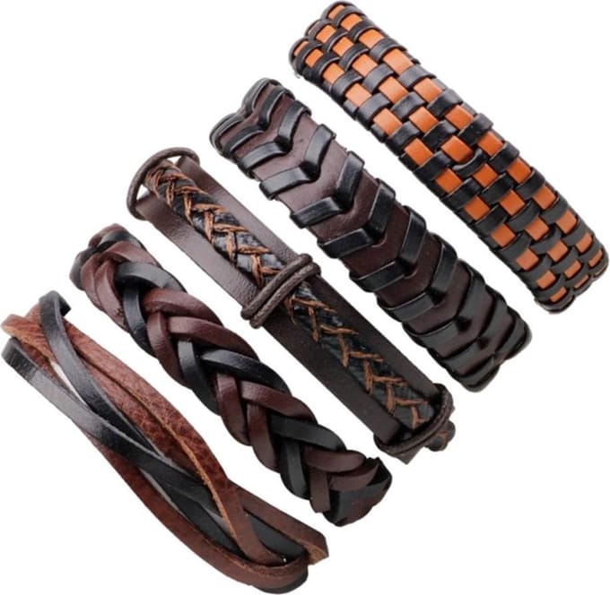 Fako Bijoux® - Armband Leer - Set Deluxe - 5 Stuks - Bruin