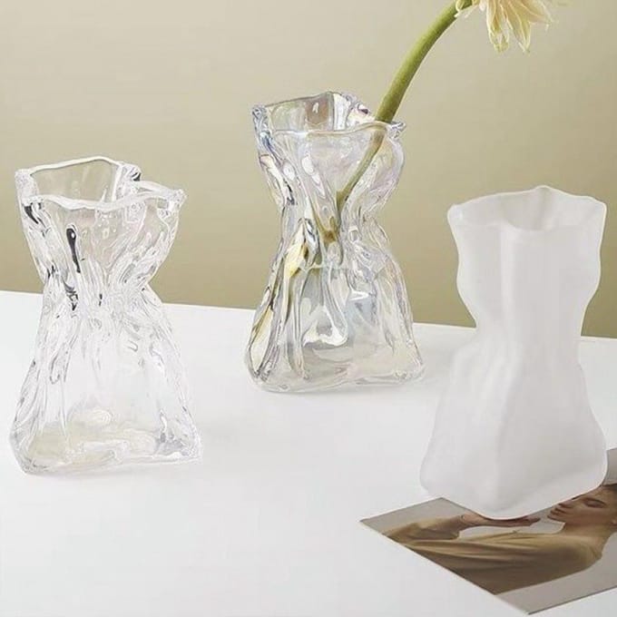 Vase en verre plissé léger et luxueux pour hydroponie, pour salon, table à manger, fleurs séchées gray