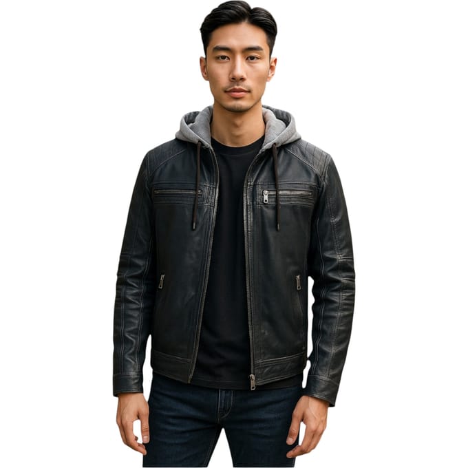 Heren blauwe capuchon biker lamsleren jas - Ingham