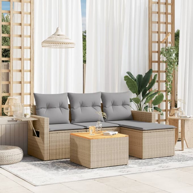 vidaXL - 5-delige - Loungeset - met - kussens - poly - rattan - beige